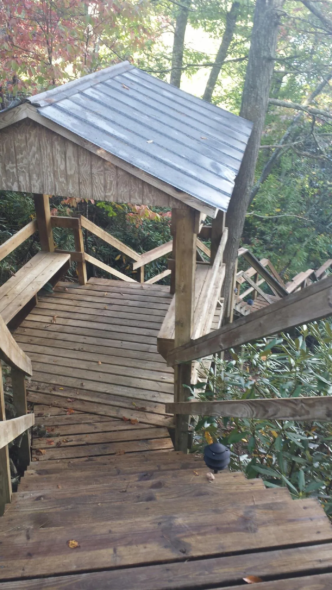 Metal roofed shelter over wooden steps on a wooded walkway — Skylight Repair & Installation work by our crew in Laurinburg